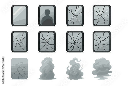 Collection of cracked screens and misty cloud variations