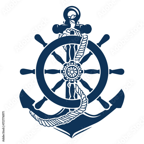 Nautical emblem of anchor and steering wheel