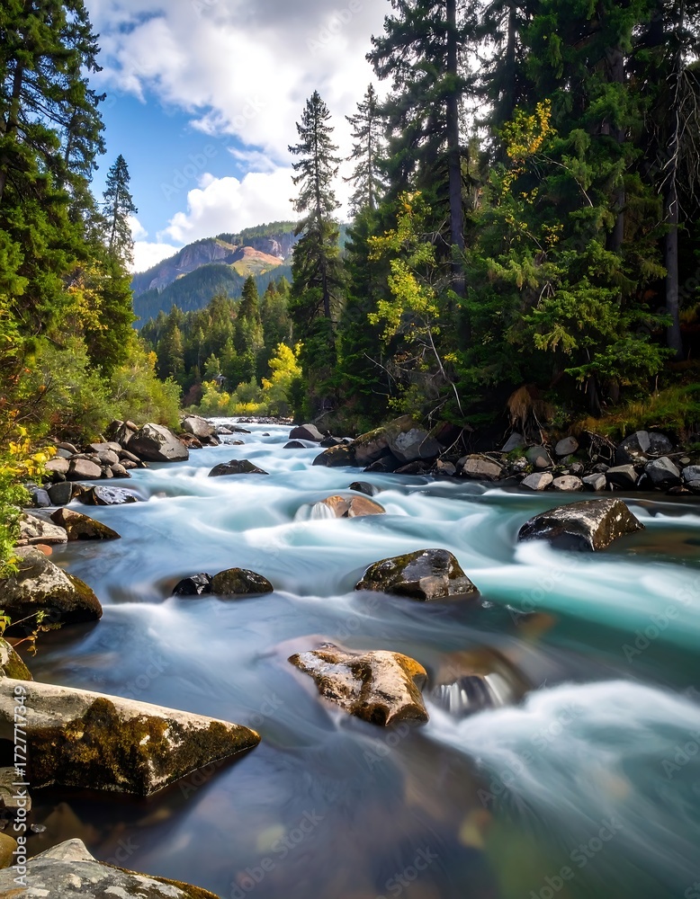 Obraz premium Mountain River Flowing Through Forest