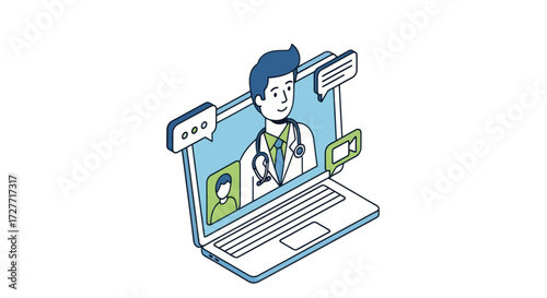 Telemedicine online doctor consultation on laptop screen with speech bubbles.