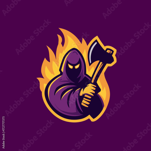 Grim hooded reaper holding axe engulfed in yellow flames