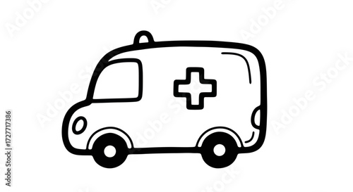 Simple Line Drawing of a Cartoon Ambulance with a Medical Cross.