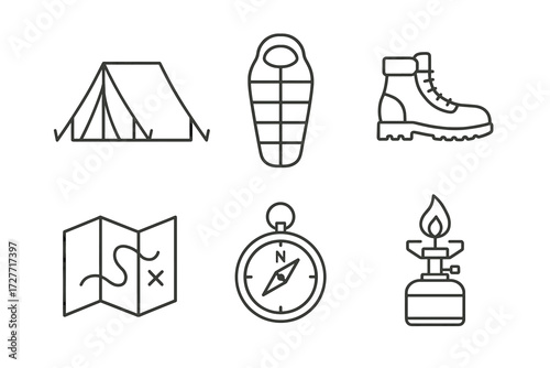 Camping gear icons: tent, sleeping bag, hiking boot, map, compass, stove
