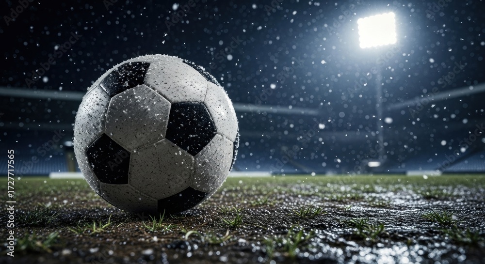 Naklejka premium A soccer ball sits on a wet, grassy field during a rainy night game, illuminated by stadium lights.
