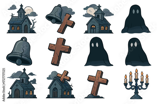 Spooky icon set: haunted church, ghosts, wooden crosses, bells, candles, moon