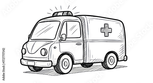 Cartoon Hand-Drawn Ambulance Line Art with Emergency Cross Symbol.