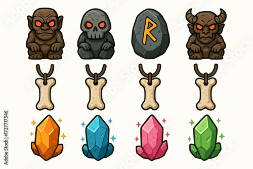 Fantasy icons set with creatures, runes, bones, crystals and totems