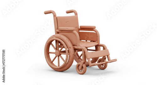 A stylized monochromatic terracotta-colored manual wheelchair shown in a 3D render.