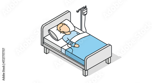 Isometric Illustration of Patient in Hospital Bed Receiving IV Drip.