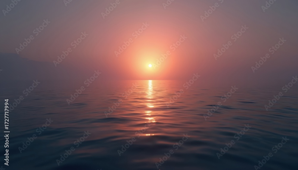 Fototapeta premium Sun sets over calm ocean water creating a peaceful and serene atmosphere. The golden hour light reflects on the gentle waves. Evening scene by the sea.