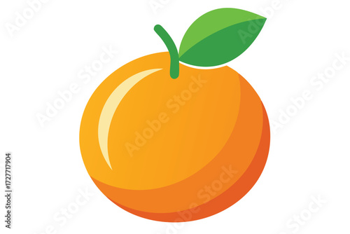 A round, bright orange fruit is shown with its green leaf and stem