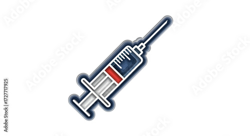 Stylized medical syringe icon with a needle plunger and blue and red liquid for vaccination or injection.