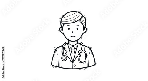Cartoon illustration of a friendly male doctor wearing a stethoscope and suit.