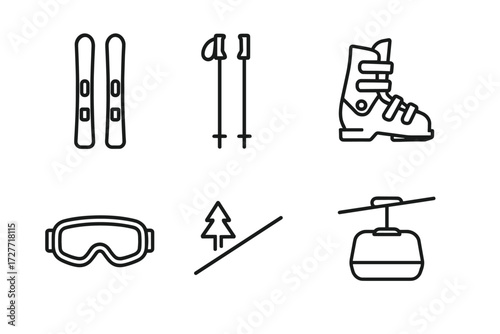 Minimalist icons of ski gear and alpine activities