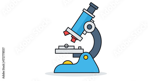A blue laboratory microscope with a rotating turret and stage for scientific observation.