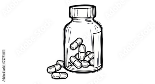 Hand-drawn bottle of capsules medicine pills supplements healthcare pharmacy.