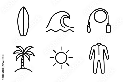 Minimalist beach icons: surfboard, wave, snorkel, palm tree, sun, wetsuit