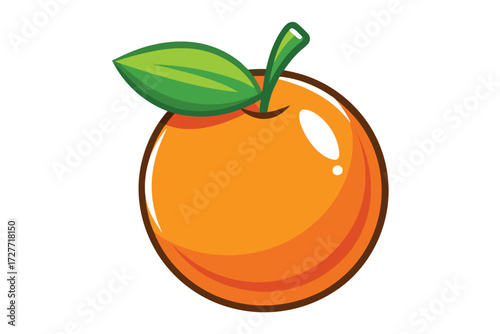 Cartoon orange has a green leaf and stem with highlights on white