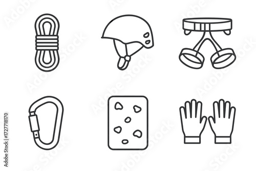 Rock climbing gear icons featuring rope, helmet, harness, carabiner, wall, gloves