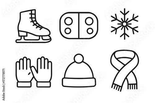 Winter symbols: ice skate, snowflake, gloves, hat, scarf, dice illustrations