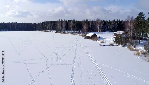 Snowy lake with building along the shore in a wintry landscape, tracks in foreground