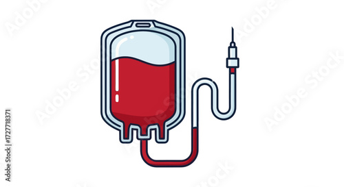 A stylized illustration of a medical blood bag for donation or transfusion with a tube and needle attached.