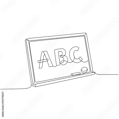 Classic classroom slate with handwritten alphabet and colorful doodles, frontal view, black on transparent background