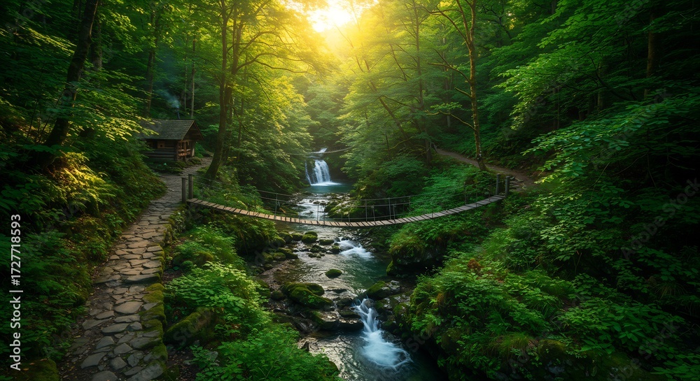 Obraz premium Lush Green Forest with Waterfall, Suspension Bridge, and Sun Rays at Golden Hour