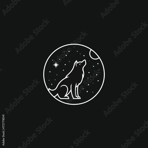 Minimalistic howling wolf emblem with stars and moon in a circular frame