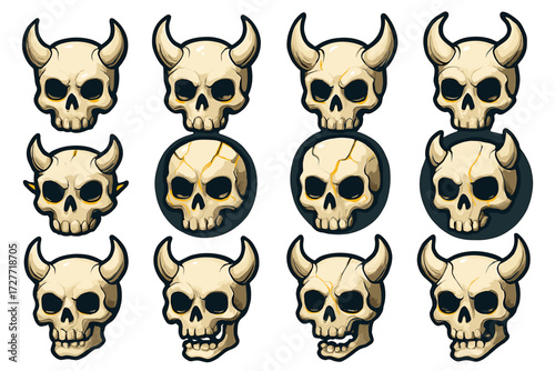 Twelve horned skull illustrations with various expressions and styles
