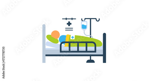 Flat Design Illustration of Patient in Hospital Bed with IV Drip.