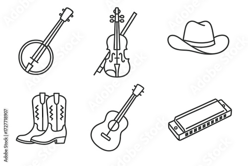 Outline icons of musical instruments and cowboy accessories