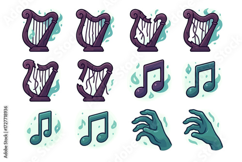 Sequence of harps transforming into musical notes with green hands
