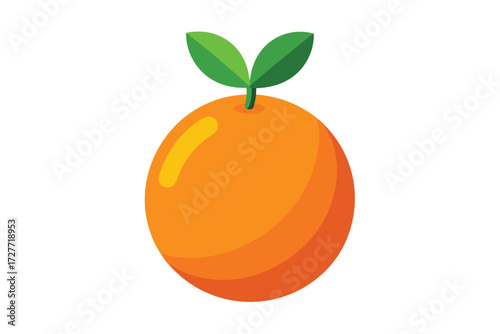 Fresh cartoon orange is displayed with two green leaves on the top against white
