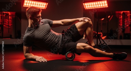 Man doing a foam roller exercise for muscle recovery in a red light therapy studio. Side view of an athlete during a cool-down workout
