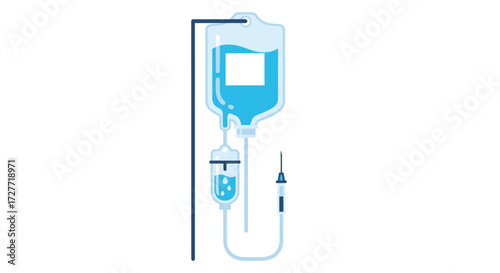 Medical Intravenous IV Drip Bag System with Blue Fluid.
