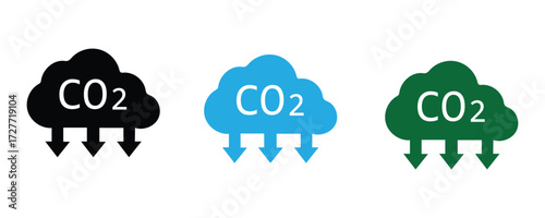CO2 Emission Icons: A set of vibrant cloud-shaped icons, each displaying CO2 and downward arrows, visually representing carbon dioxide emissions against a clean background.