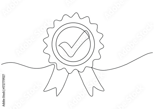one continuous line art  award badge, award badge line drawing, medal with ribbon illustration, continuous line vector icon, continuous ribbon badge icon