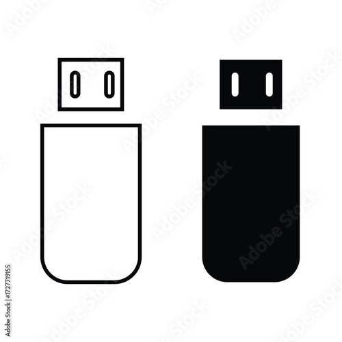 USB Flash Drive Icon: A pair of modern digital USB flash drives, one in a monochrome illustration and the other featuring a sleek, minimalist design, capturing the essence of efficient data storage.