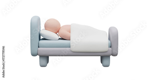 Stylized figure sleeping peacefully in a minimalist bed with soft pastel bedding.