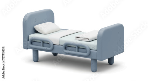 Miniature Blue Hospital Bed with White Bedding.