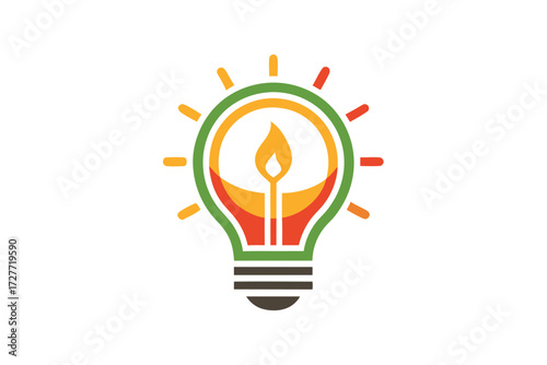 A stylized lightbulb with flame and radiating lines on a white backdrop appears simple