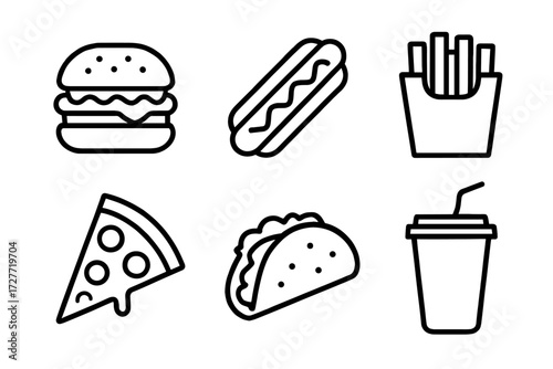 Icon set of classic fast food items: burger, hot dog, fries, pizza, taco, and drink