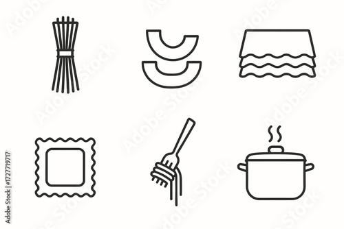 Simple line icons of pasta types and cooking tools