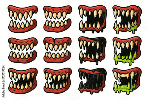 Set of cartoon monster mouths with sharp teeth and slime variations