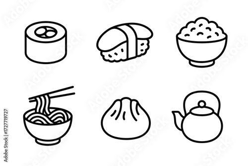 Icon set of asian cuisine: sushi, dumpling, ramen, rice, teapot
