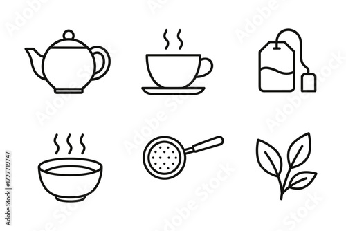 Tea set icons: teapot, cup, tea bag, bowl, strainer, leaves in simple line design