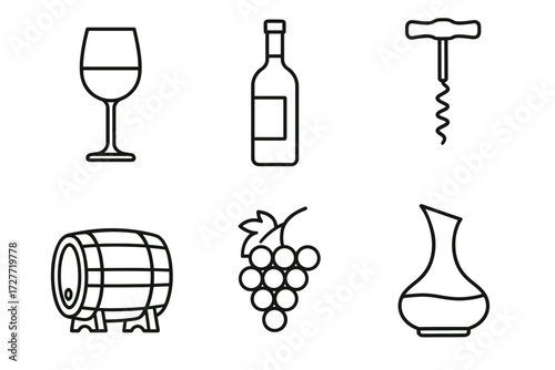 Wine icons: glass, bottle, corkscrew, barrel, grapes, decanter line art set