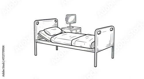 Hand-drawn sketch of a hospital bed with a bedside table and monitor.