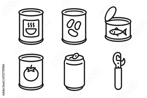 Simple line art of various canned goods and can opener